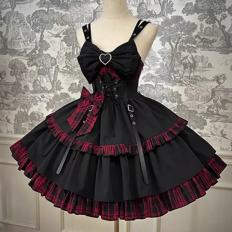 Vestido con tirantes de cintura a cuadros estilo Lolita Y2k Punk, novedad de verano 2021, vestidos Vintage elegantes y dulces a la moda para mujer