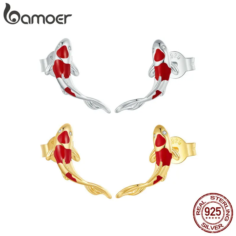 Bamoer 925 Sterling Silver Fish Red Enamel Stud Earrings for Women Spring Koi Ear Studs Festival Fine Jewelry SCE812