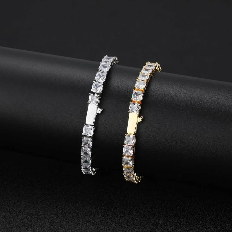 European hip hop5.5mmSpring Fastener Square Zircon Tennis Necklace Ornament Advanced Men's Bracelet