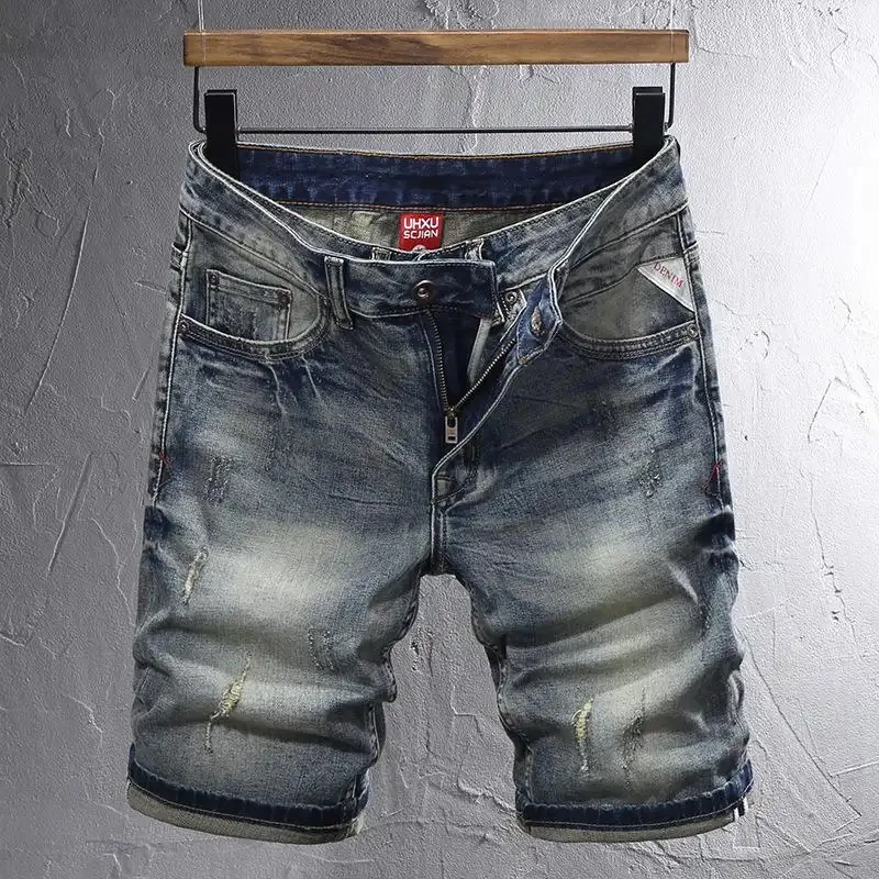 

New Summer 2026 Ripped Blue Denim Shorts for Men, Vintage Shabby and Stylish, Slim Fit, American Style, Five-Point Pants