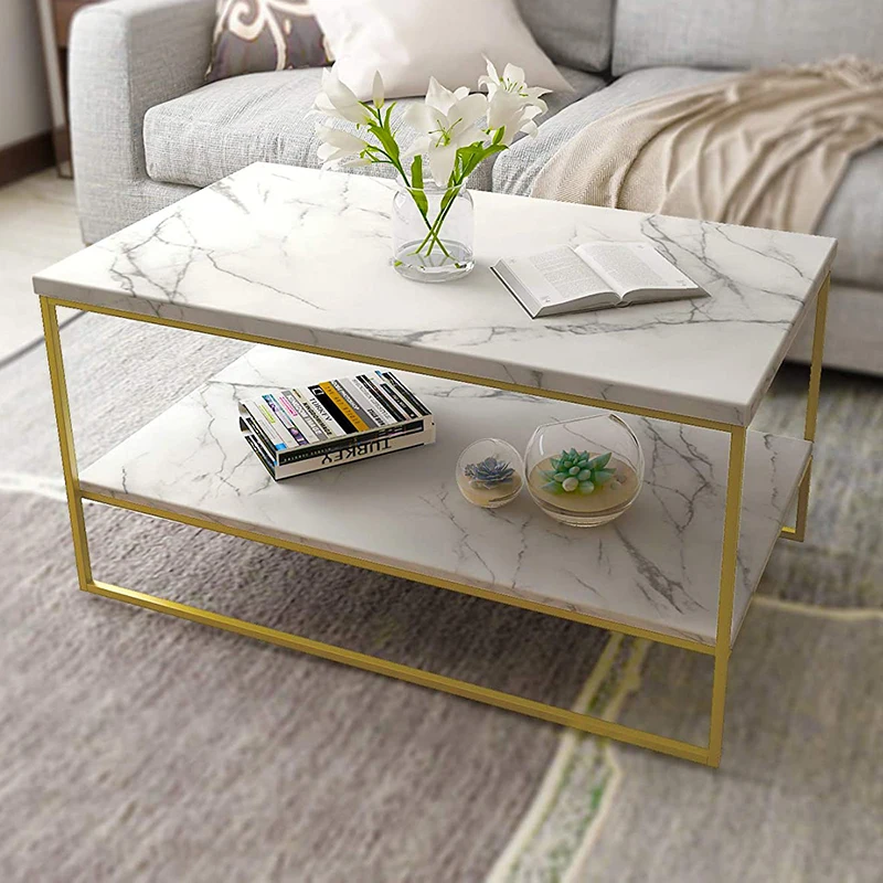 xx-Modern Storage Rectangle White Wood-textured Marble Table Top Iron Coffee Table Set for Livingroom Apartment Home Office Gym^