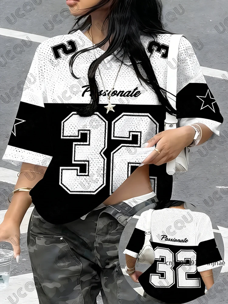 Übergroßes T-Shirt für Damen, kurzärmelig, V-Ausschnitt, Sommer, Passionate No.32, bedruckt, Sport-T-Shirts, lässig, locker, Fußball-Trikot, Y2k-Tops