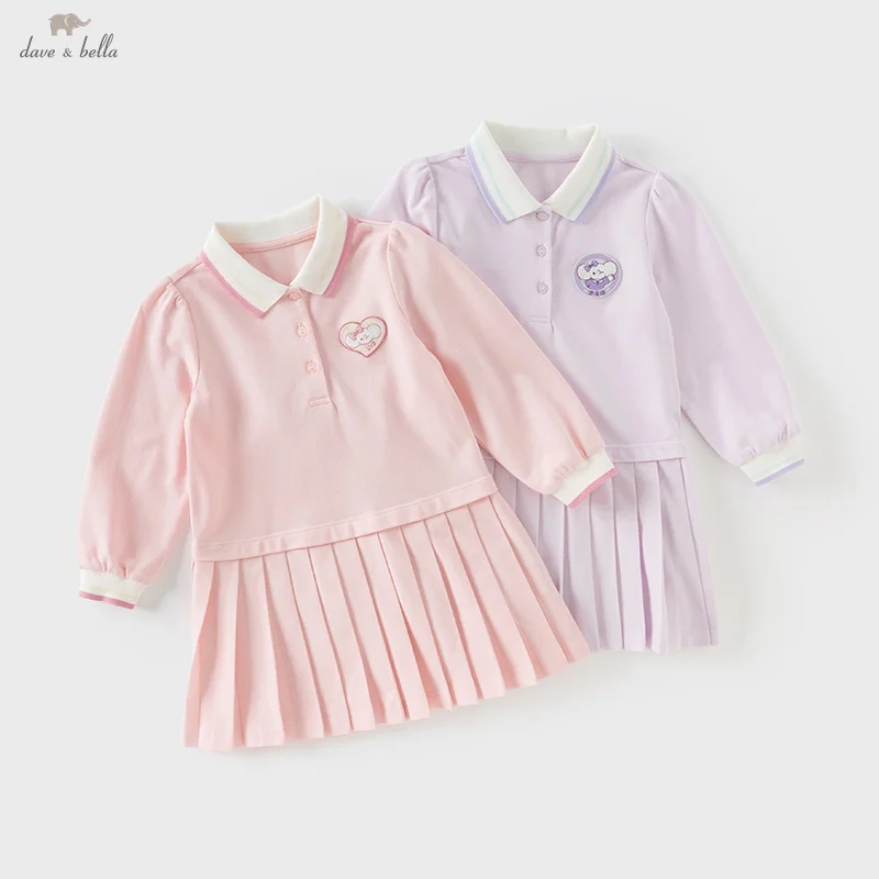 Dave Bella 2025 Spring Girl's Dress Gentle Cute College Style Children's Polo Dress Long Sleeve Casual Party Outdoor DB1250573