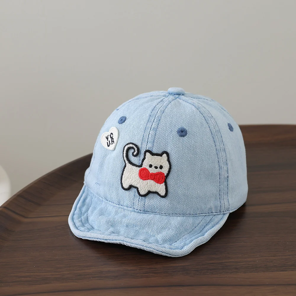 Children's washable denim soft-brimmed baseball cap with cat embroidery, duckbill style, cartoonish casual soft-top hat view 6