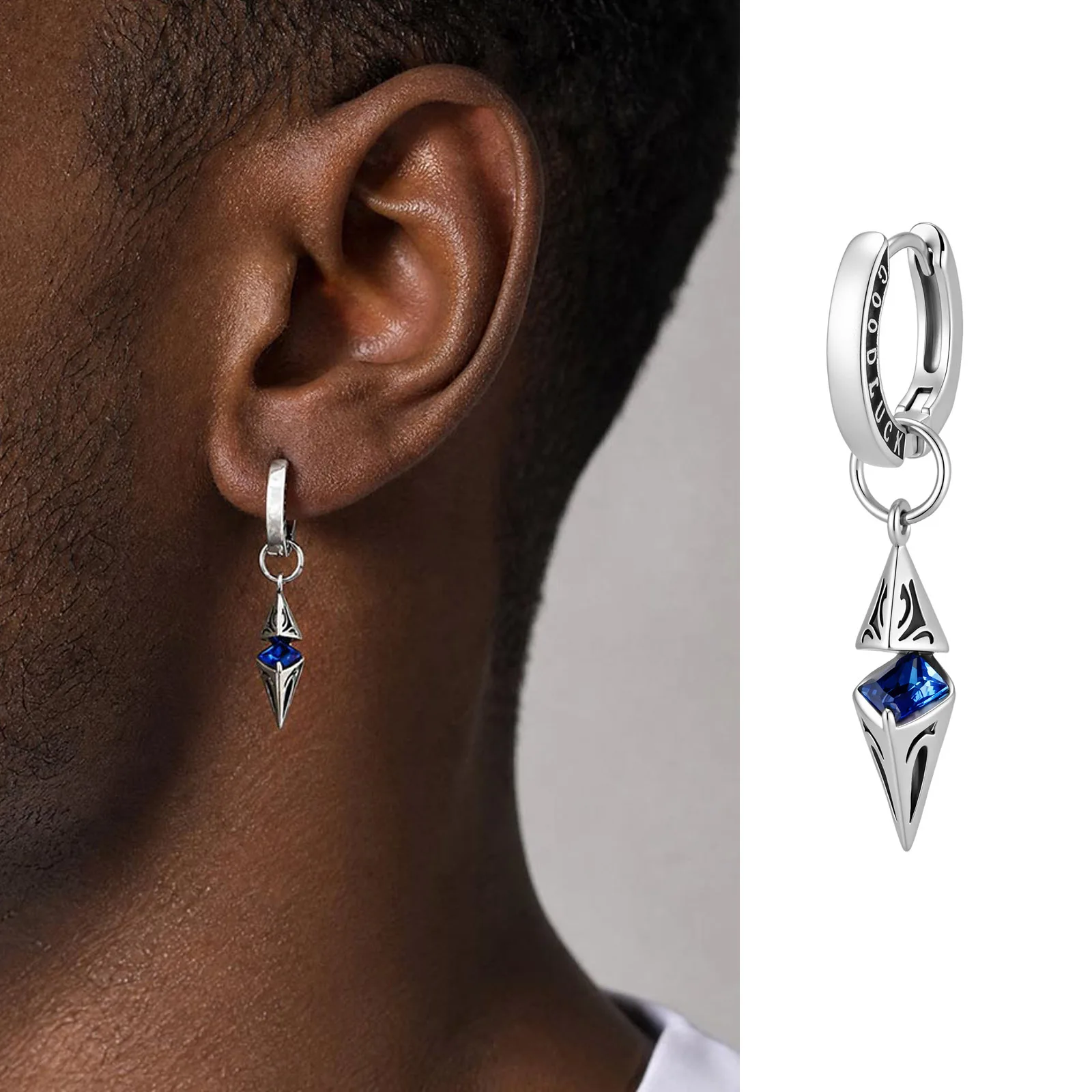 Blaue Zirkon-Creolen für Männer, Hip-Hop Geometrische Glücksbringer Metall-Tropfenohrringe, Punk Vintage Schmuck
