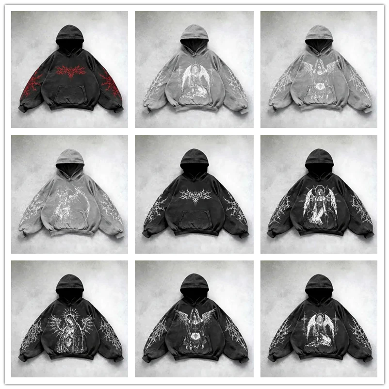 هوديي رجالي قوطي جديد مع أنماط مطبوعة، قميص y2k للرجال، ملابس الشارع الخريفية