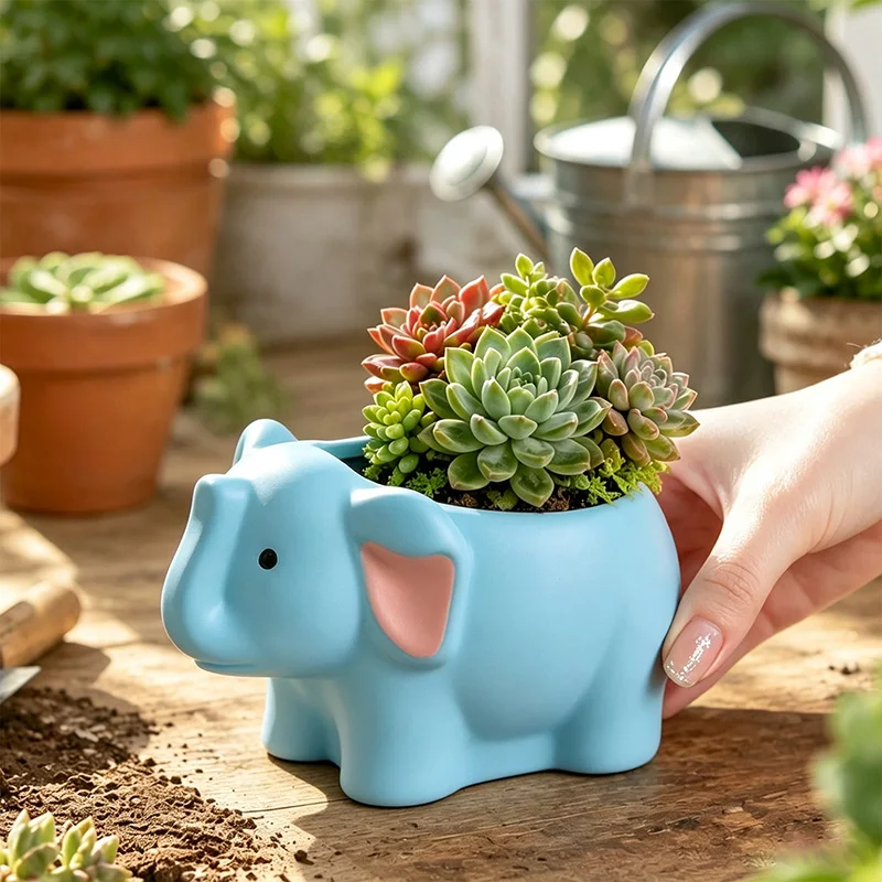 Cute Blue Elephant Succulent Planter Animal Shaped Resin Flower Pot Kawaii Plant Container for Desktop Balcony Home Decor Gift