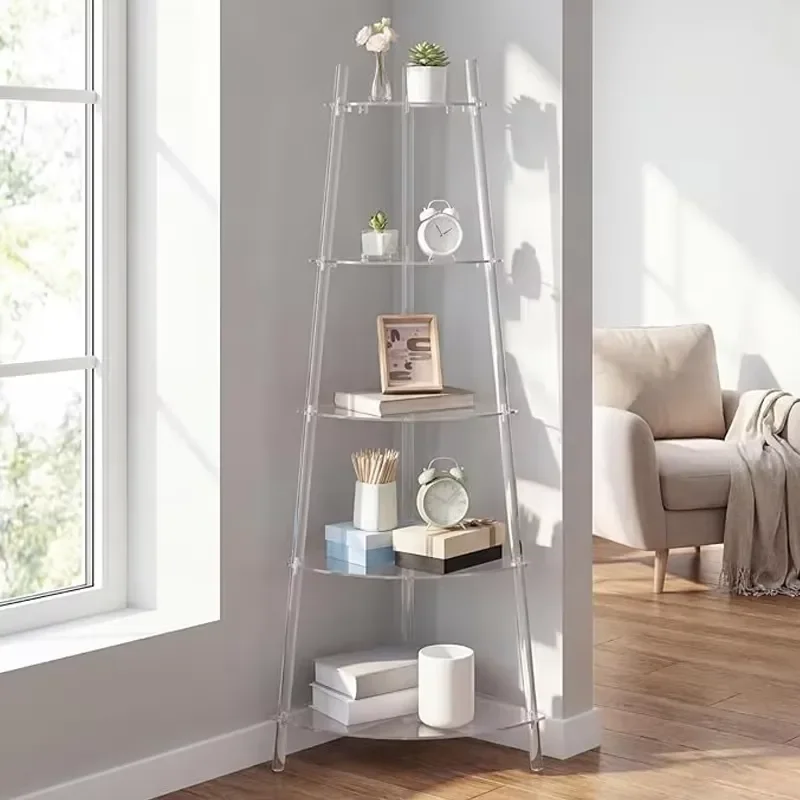 Modern 5 Tier Acrylic Corner Bookshelf Transparent Floor Standing Storage Rack for Living Room Home Office Display Unit