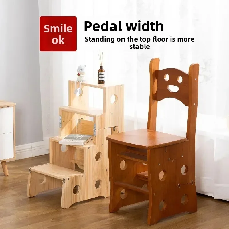 Indoor solid wood ladder stool folding ladder, thickened and reinforced ladder and chair dual-purpose