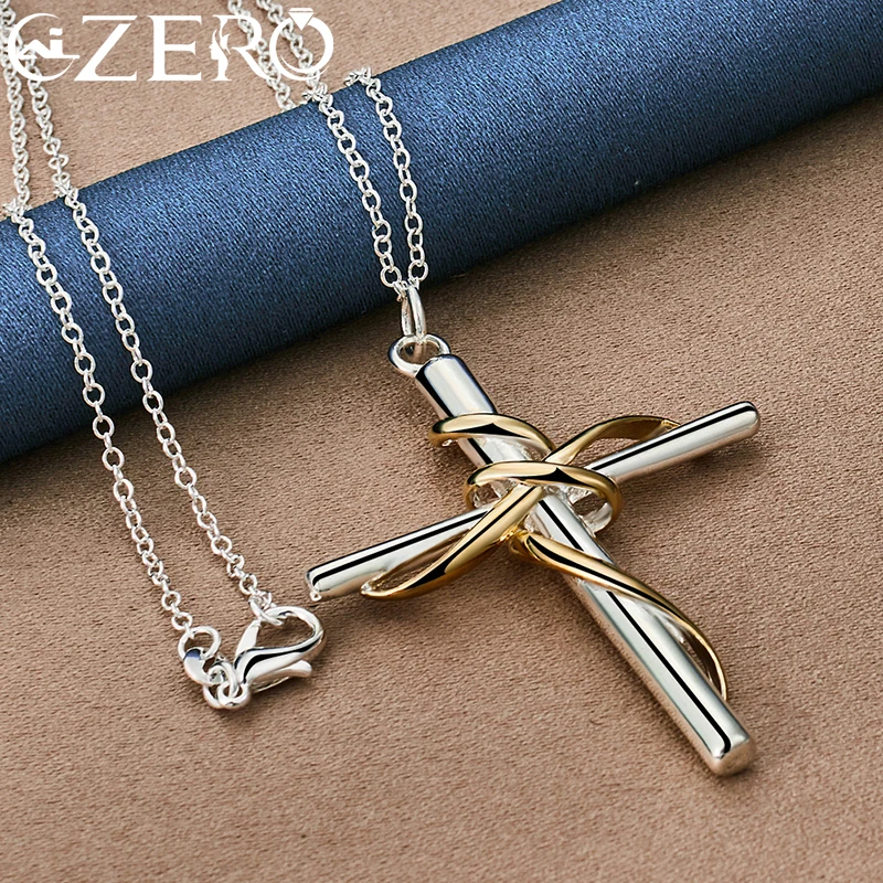 925 Sterling Silver 18-30 Inch Chain Gold Line Surround Cross Pendant Necklace For Man Women Wedding Fashion Party Fine Jewelry