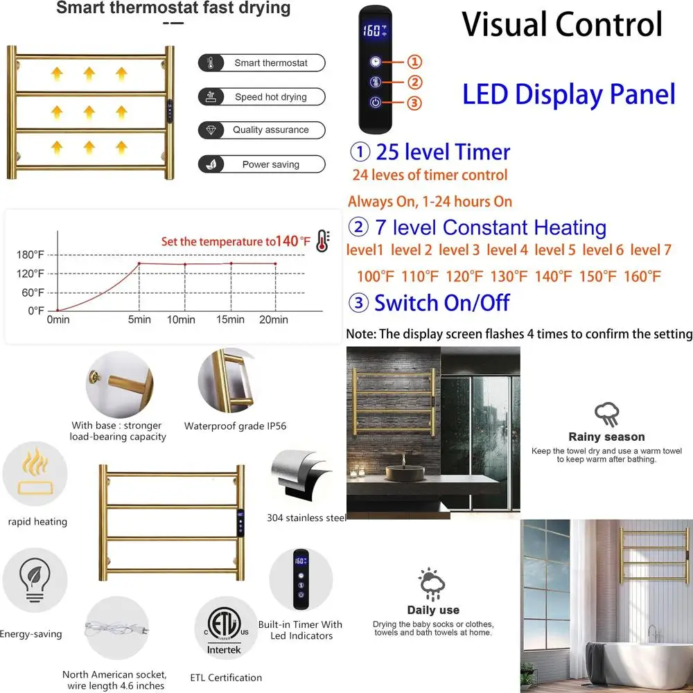 

Настенный электрический полотенцесушитель с таймером и контролем температуры, 4 секции, матовое золото, подключение к сети
