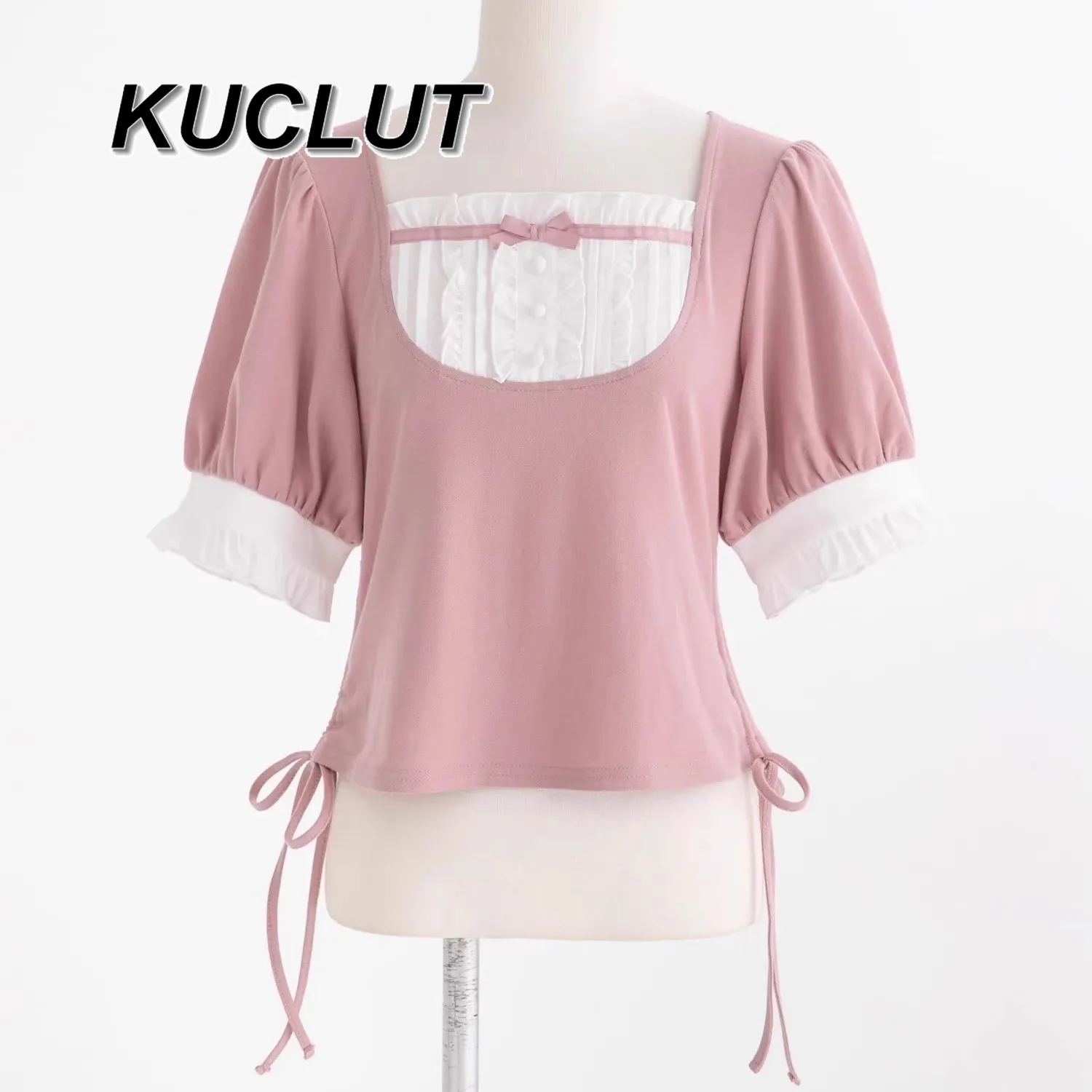 Sweet and Cute Short Sleeve T-Shirt Solid Color Splicing Square Neck Short Top Drawstring Skinny Casual Tees for Women Summer