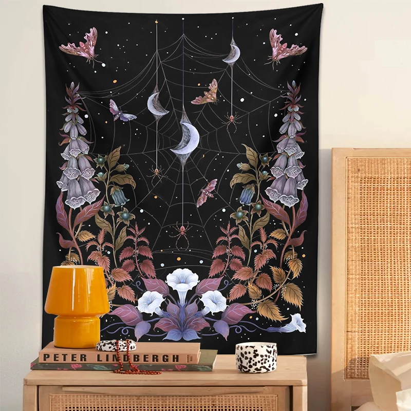 Witch Garden Tapestry Wall Hanging Psychedelic Flower Tarot Divination Moon Moth Tapestries Sun Moon Dorm Home Decor Wall Art