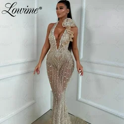 Champagne Mermaid Evening Dresses Sequined Beads Stone Aso Ebi Dress For Women Prom Dress Long Crystals Halter Party Gowns Robes