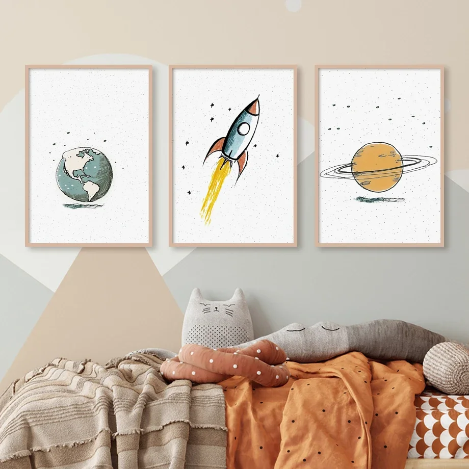 صاروخ القمر الأرض الفضاء الدب رائد الفضاء الكرتون الملصقات من جدار الفن مجموعة قماش يطبع صور Kawaii الطفل غرفة الاطفال ديكور المنزل