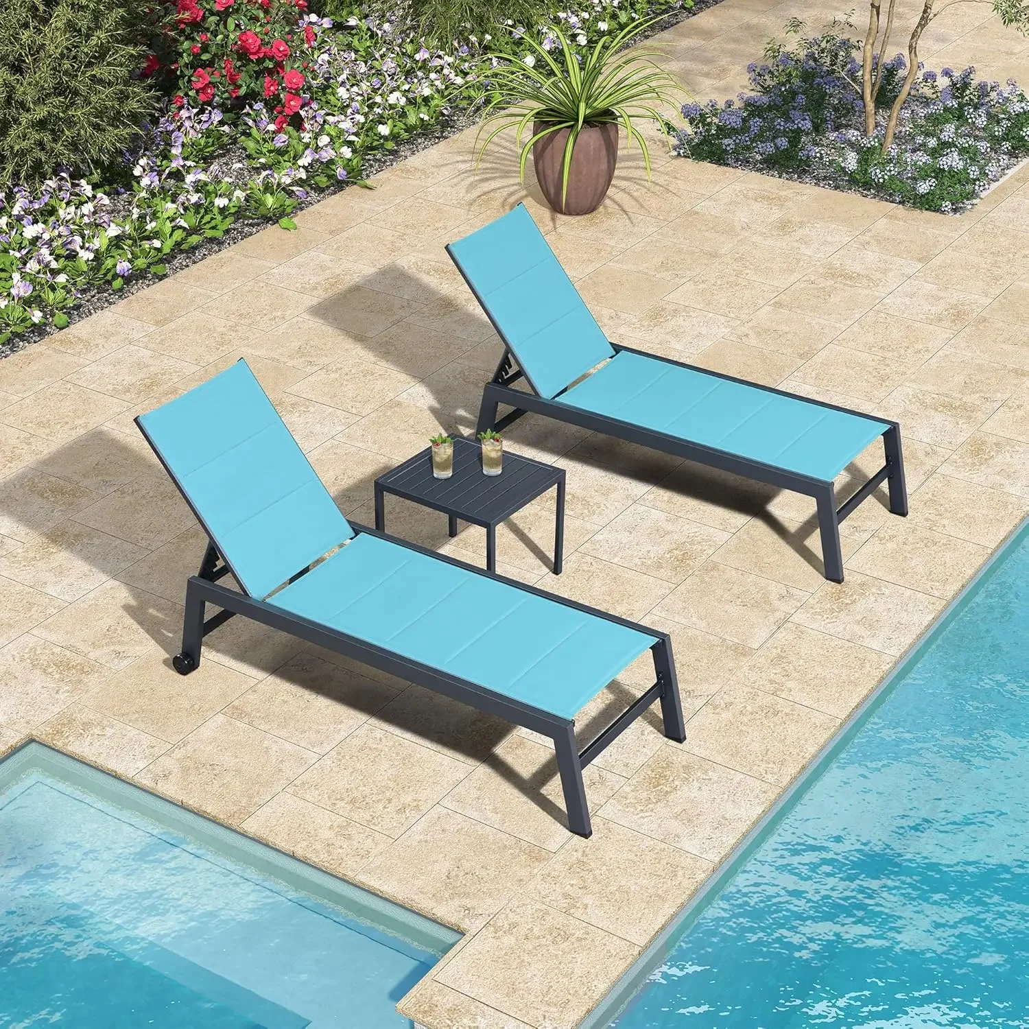 Outdoor Chaise Lounge Set of 2 Aluminum Patio Lounge Chair Outdoor Backyard Poolside Turquoise Blue