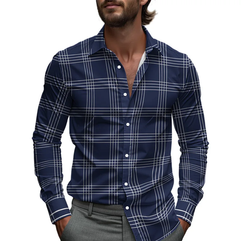 

Business shirt with lines, checkered, striped, men's printed shirt, spring single-breasted lapel long-sleeved shirt