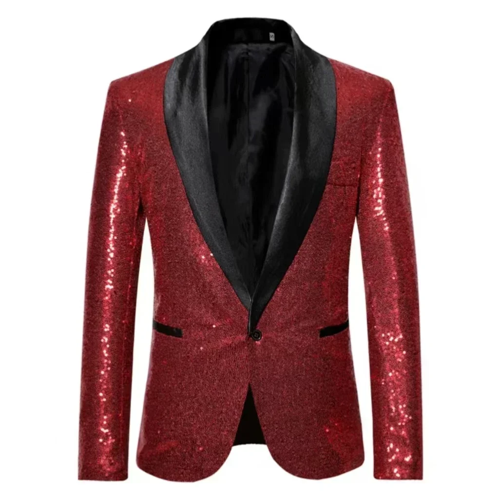 Men's Sequin Blazer Slim Fit Peak Lapel Tuxedo Single Suit for Party Evening Dress Performance Stage Costume