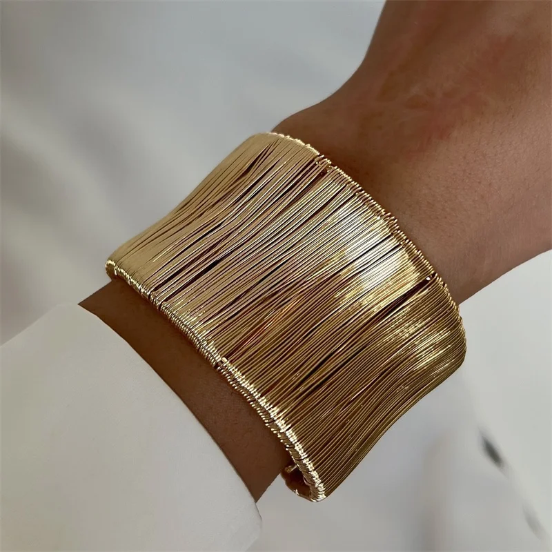 Vintage Gold Farbe Multi-Schicht Öffnung Breite Manschette Armband für Frauen Übertriebene Metall Linien Handgelenk Armband Party Schmuck Geschenk – Detail 5