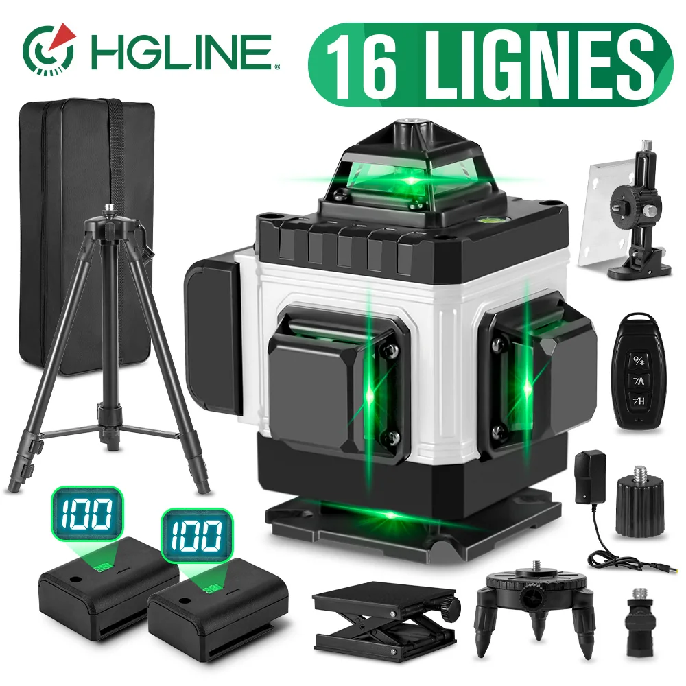 Niveau laser HGLINE 4D 16 lignes auto-nivelant 360° °   Niveau laser vert horizontal et vertical, outil de mesure pour la construction, avec 2 batteri
