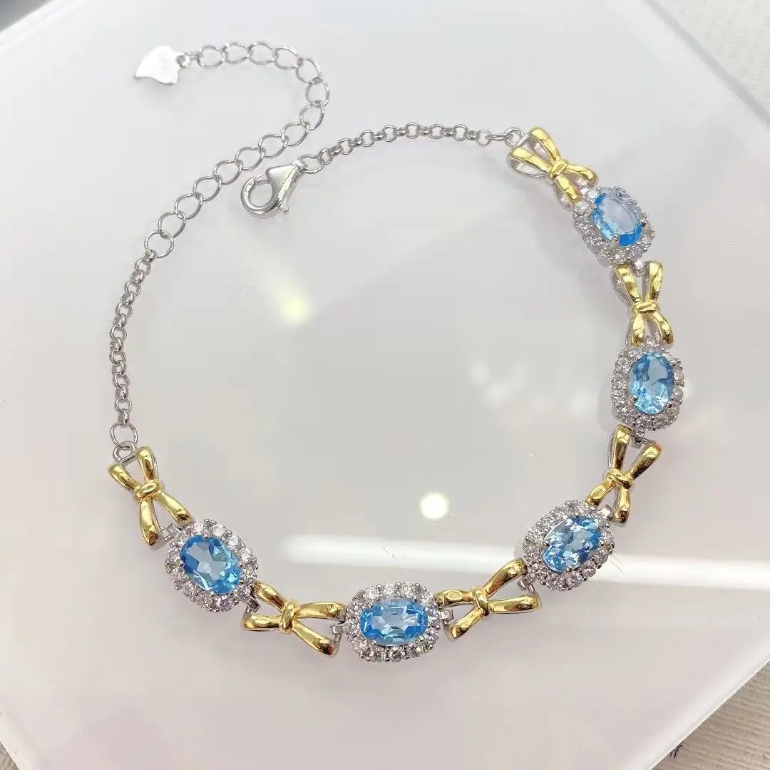 Best Seller ZECAA Silver Bracelet For Woman With Natural Sky Blue Topaz Gemstone 4*6mm Jewelry For Lady Gift Wedding Party