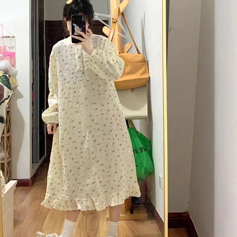 Floral Women Nightgown Button Sleepwear O-neck Nightwear Korean Fashion Night Dress Long Sleeve Autumn Ruffles One Piece Pajamas