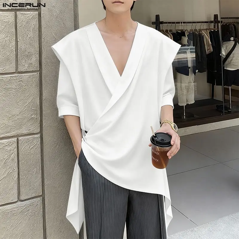 

INCERUN Men Irregular Shirt Solid V Neck Half Sleeve Male Tops Summer Streetwear Korean Style 2026 Fashion Casual Men Clothing