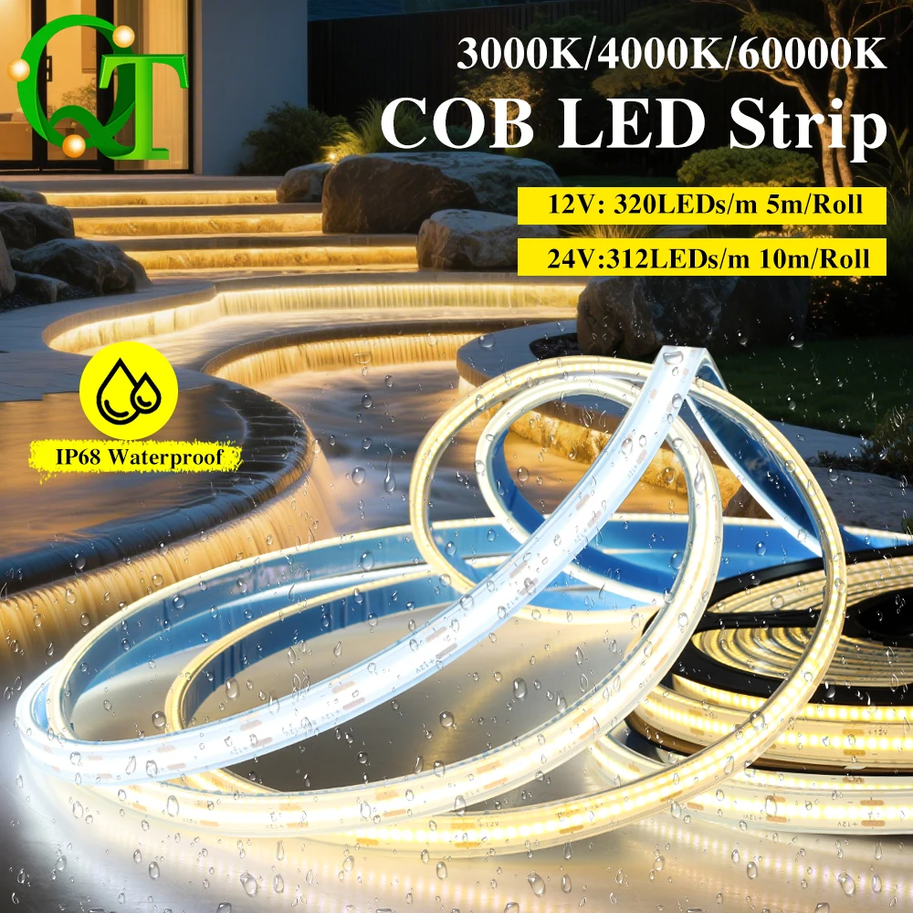 3000K/4000K/6000K Flexible LED Light Strips, 12V/24V COB Waterproof High-Density Linear Lighting Strips - Easy To Install
