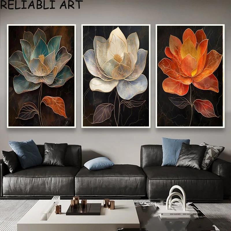 Natural Landscape Red Tree Lake Mountain Poster and Prints 3 Panels Wall Art Canvas Painting for Living Room Home Decor No Frame