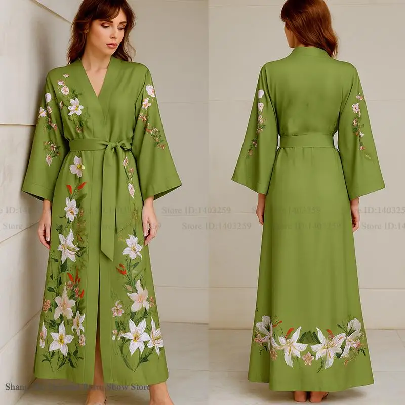 

Large Size Female Long Robe Sleep Dress Novelty Print Flower Bathrobe Kimono Gown Homewear Loose Casual Nightwear Lounge Wear