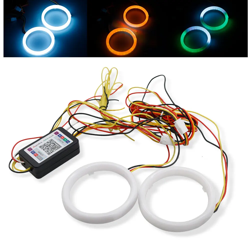 2PCS RGB+Yellow Amber Turn Signal Function Angel Eyes Halo Ring Bluetooth APP Car UTV Motorcycle DRL Headlight Decorative Light 