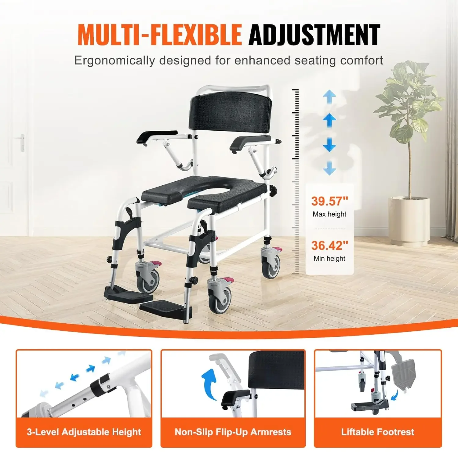 Shower Commode Wheelchair with 4 Lockable Wheels, Footrests, Flip-up Arms, 3-Level Adjustable Height, 5L Removable Bucket, 350 L