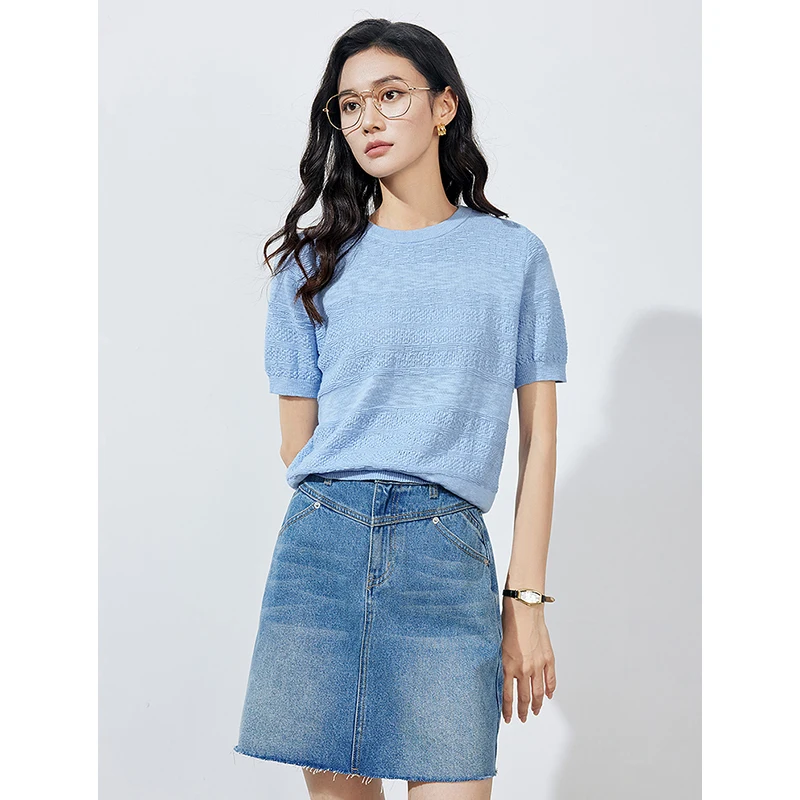 TOYOUTH Women knitwear 2024 Summer New Linen Short Sleeve Round Neck Sky Blue Pullover Tops