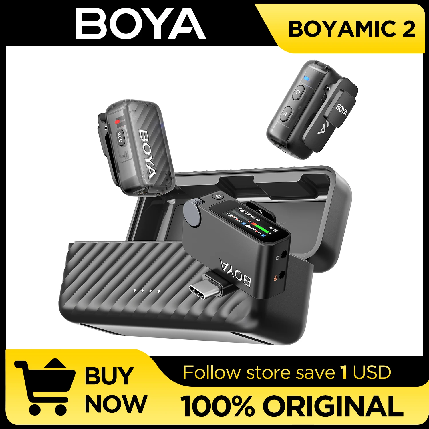 

BOYA BOYAMIC 2 Professional Wireless Lavalier Lapel Microphone for USB-C Android Camera for Live Streaming Vlog Black