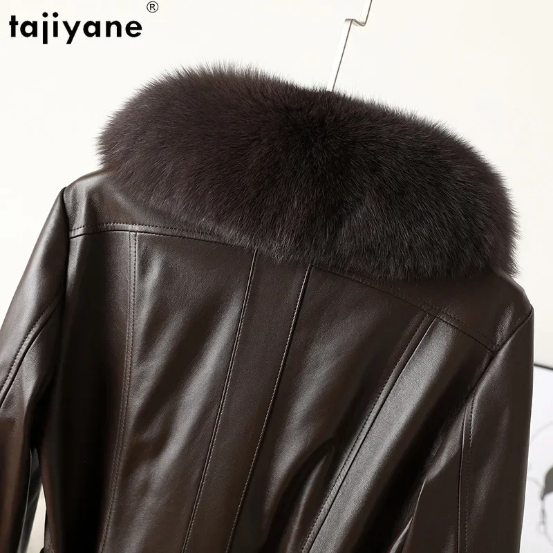 Tajiyane Veste en cuir véritable pour femme, manteau long 2023 peau de mouton, col en fourrure de renard de luxe, vestes en cuir minces, super qualité, hiver 100%