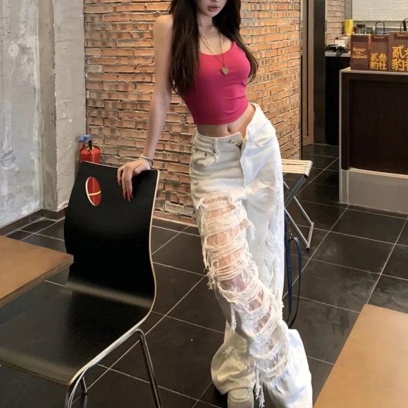 

Hole Splicing Lace Hollow High-waisted Jeans Female 2025 Summer Wide-leg Pants