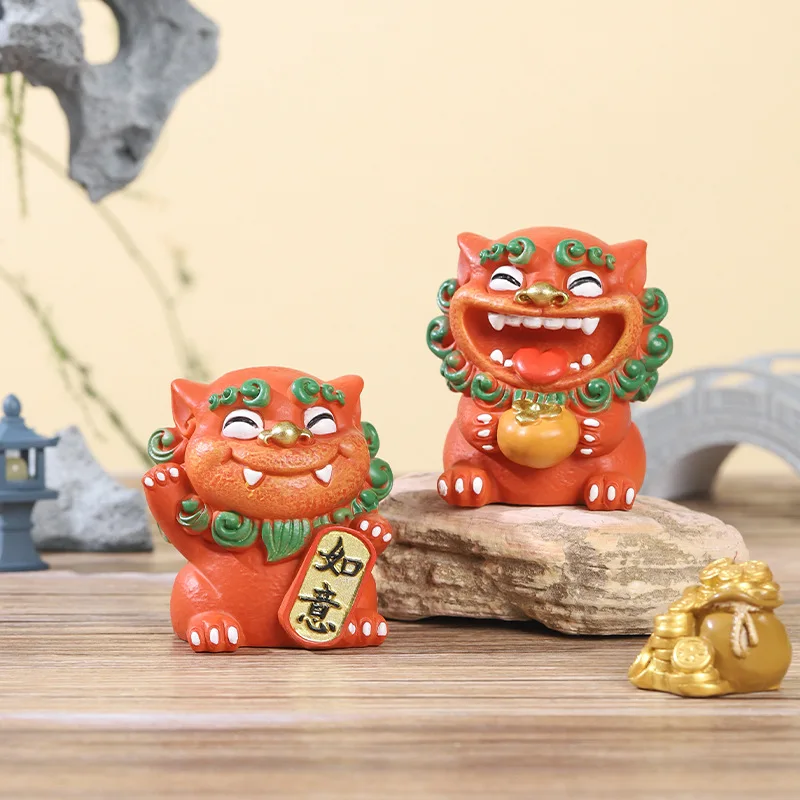 Chinese Zodiac Horse Year Gift Lion Statue Resin Figurine Tea Pet Desk Decor Feng Shui Ornament Living Room Shelf Home Office