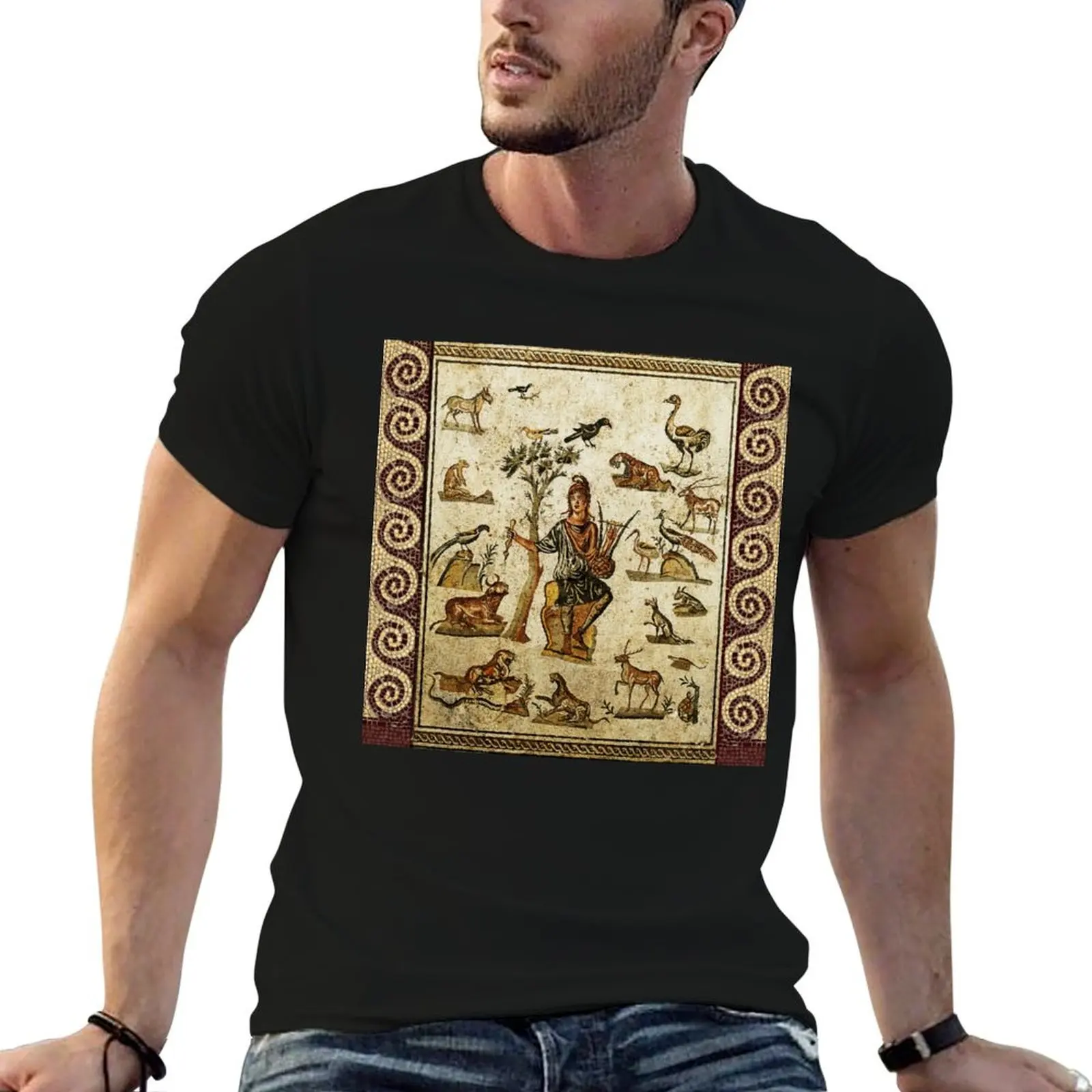 Camiseta con mosaicos romanos antiguos, Orfeo encantando a los animales con su música, camisetas divertidas de algodón, camisetas 100% de algodón para hombre
