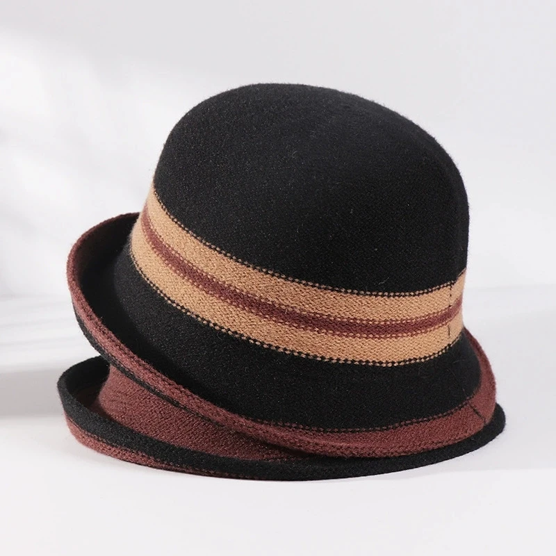 Herbst und Winter Damen neuer Hut mit gerollter Krempe und kleiner Krempe, atmungsaktiv und elegant, warmer Eimerhut im Mutterstil – Detail 12