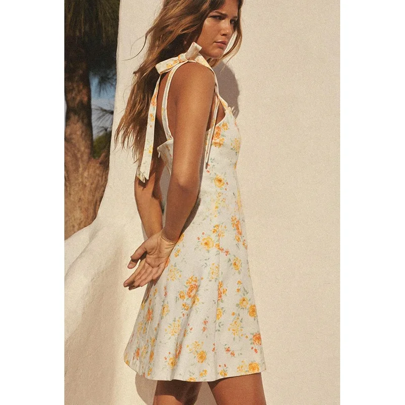 Frühling frauen Süße Sle Bequeme Gerade Kragen Svel Knoten Gedruckt Seide Chiffon Dr Hohe Taille A-Line...