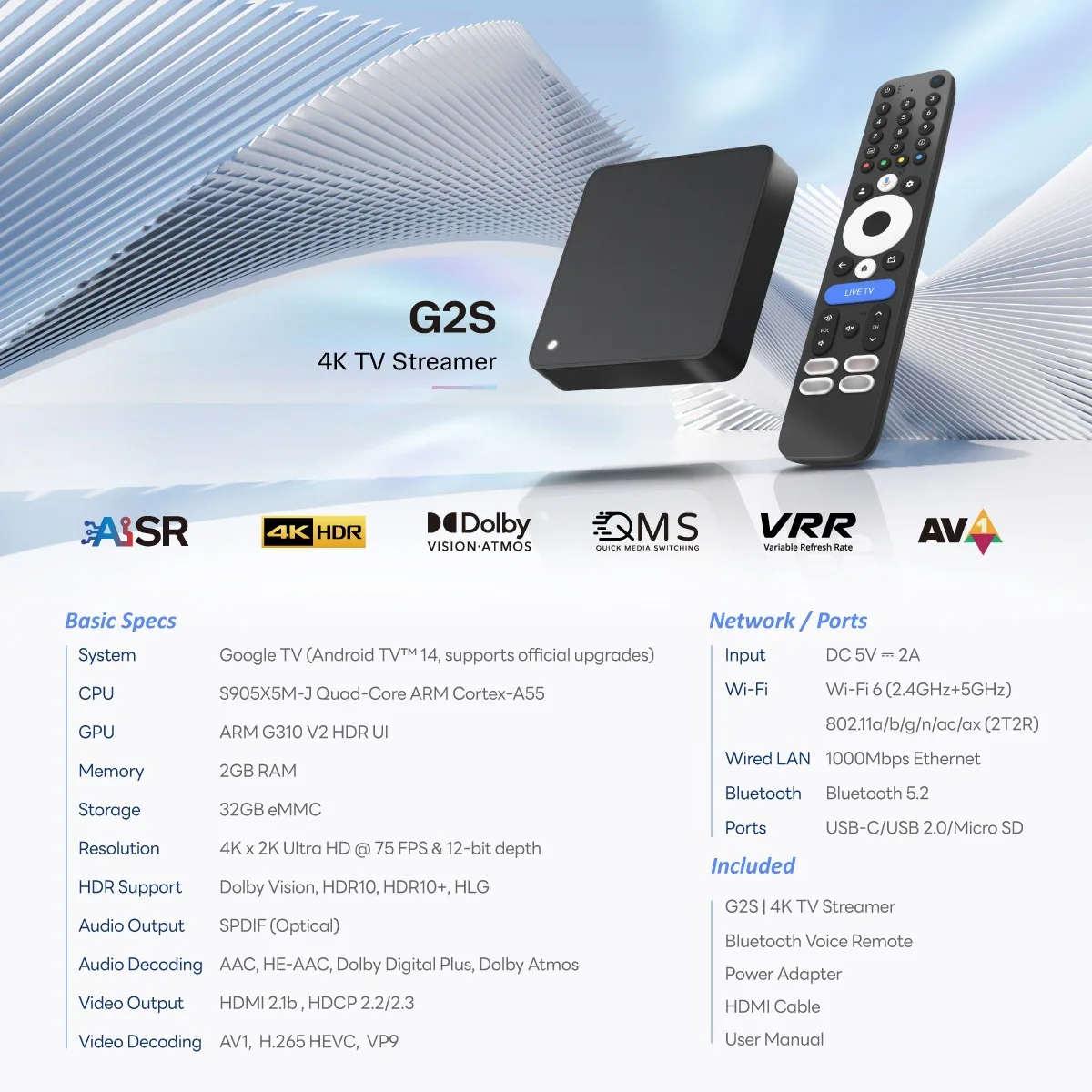 RT-G2S Android 14 TV Box S905X5M-J 2GB 32GB 4K HD WIFI6 BT5.0 Media Player Set Top Box