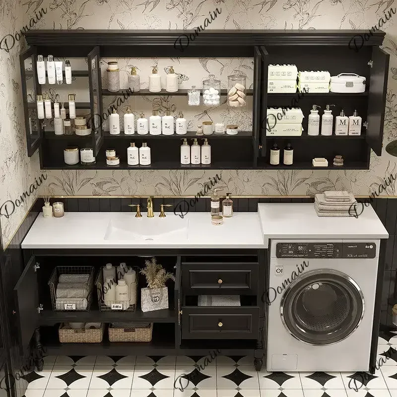 6XY Oak Wood Washer Cabinet Set American Retro Style Bathroom Vanity With Granite Hot-Bent Sink And Wash Basin