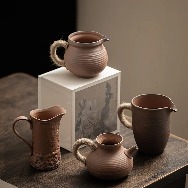 

Coarse Pottery Retro FairnessCup Old Rock Mud Relief Pilgrimage Handheld Tea Pitcher Kung Fu Ceremony Pouring Vessel Brewing Set