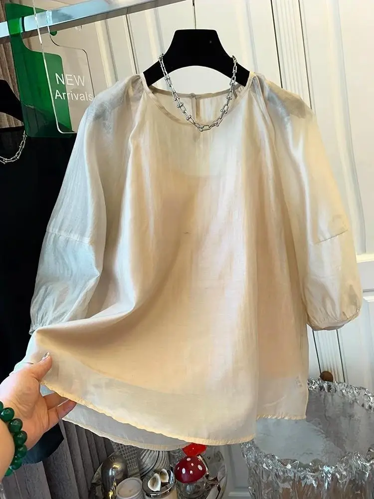 Spring New Korean Chic Temperament Round Neck Top Puff Sleeve Shirt Women Loose Casual Short Blouses