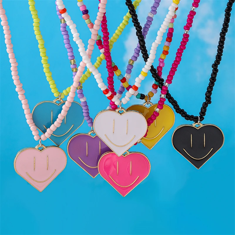 

7Pcs/Set Fashion Handmade Beads Necklaces for Women Colorful Smile Face Heart Pendant Necklace Girls Party Festival Jewelry Gift