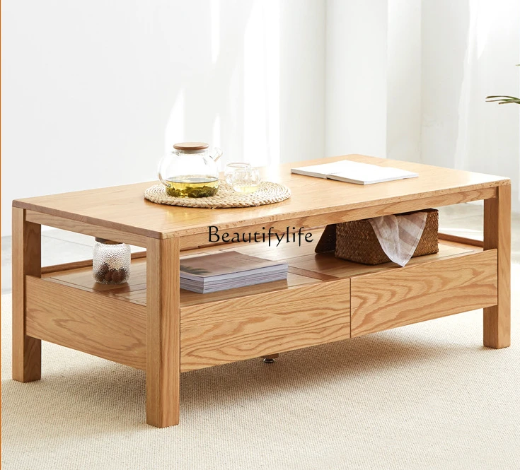 Solid Wood Double-Layer Coffee Table Balcony Tea Table Modern Minimalist Oak Living Room Coffee Table