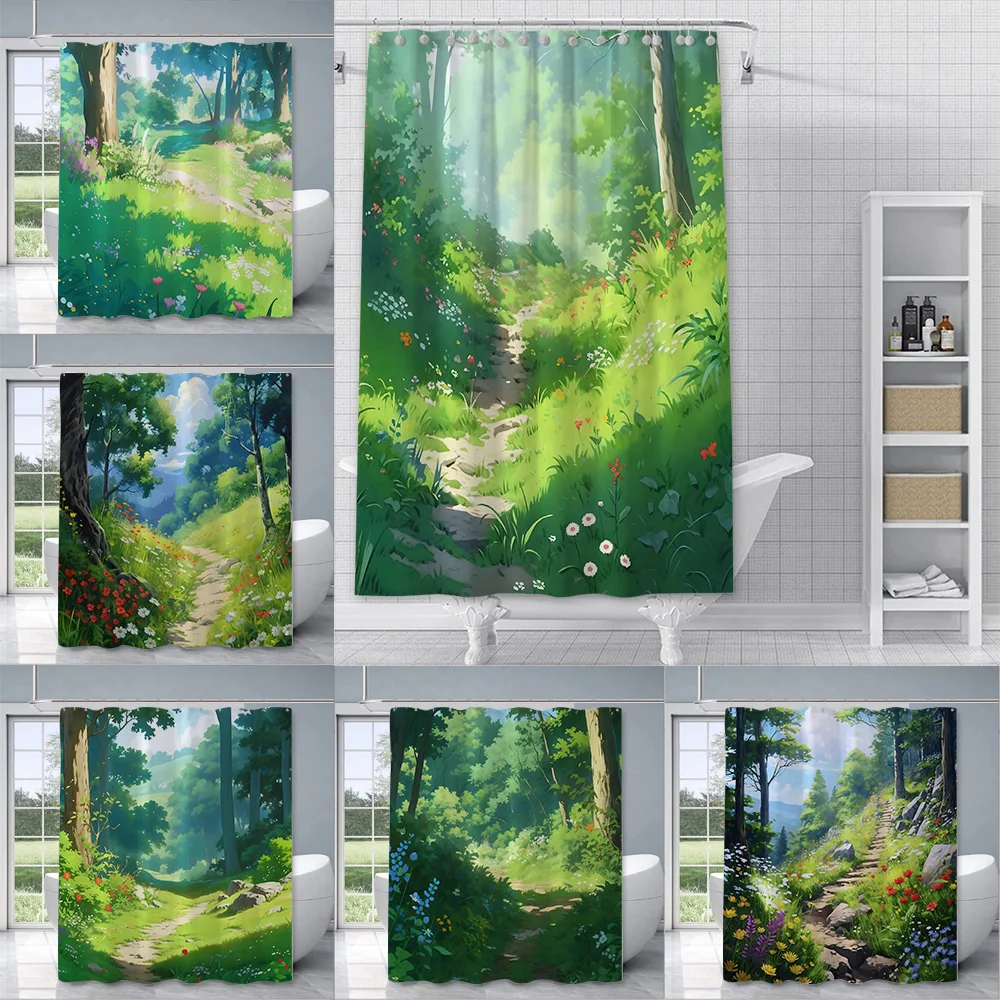 

Green Forest Shower Curtain Waterproof Polyester Fabric Paint Colorful Bath Curtains Home Bathroom Decor Curtain With Hook