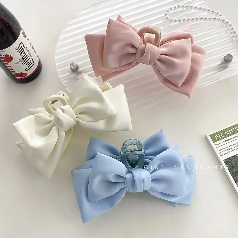 Korean Big Double Side Solid Satin Chiffon Plastic Hair Bows Crab Clips Claw for Women Girls Black Bowknote Accessories Summer