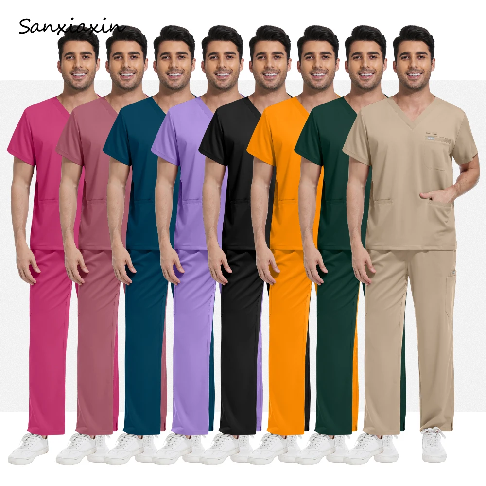 Unisex Scrubs Suits Solid Color Pharmacy Clothing Uniform Nurse Men Pocket Medical Suit Pet Hospital Vet Doctor Groomer Workwear