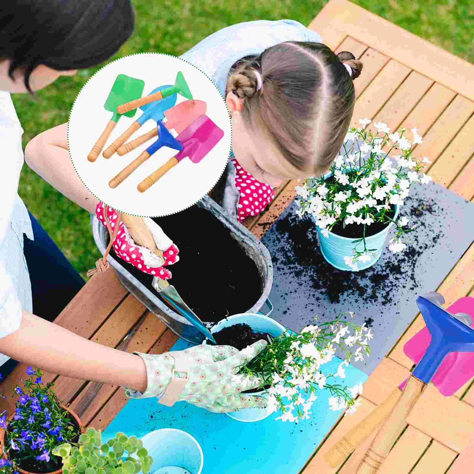2 conjunto/6 pçs crianças ferramenta de jardim espátula de ferro ancinho colorido impresso ferramentas manuais com alça de madeira para crianças criança menina